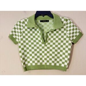Hesperus Crop Top Sweater Large Green Beige Checkered Collared Blouse Retro Y2K